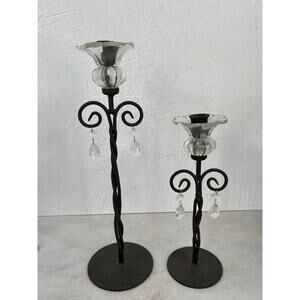 Wrought Iron Scroll Candle Holders Glass Ornate Decorative‎ Pair